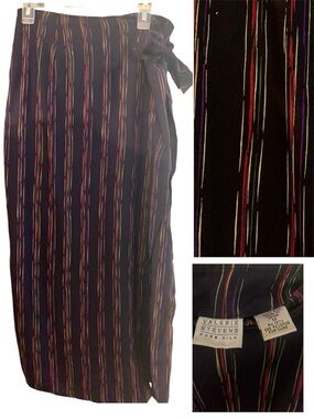 Y2K Silk Blue Skirt with Multicolor Pinstripes 37” L, Sz 14